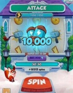 Coin Master attack screen showing a 10000 spins reward during gameplay.