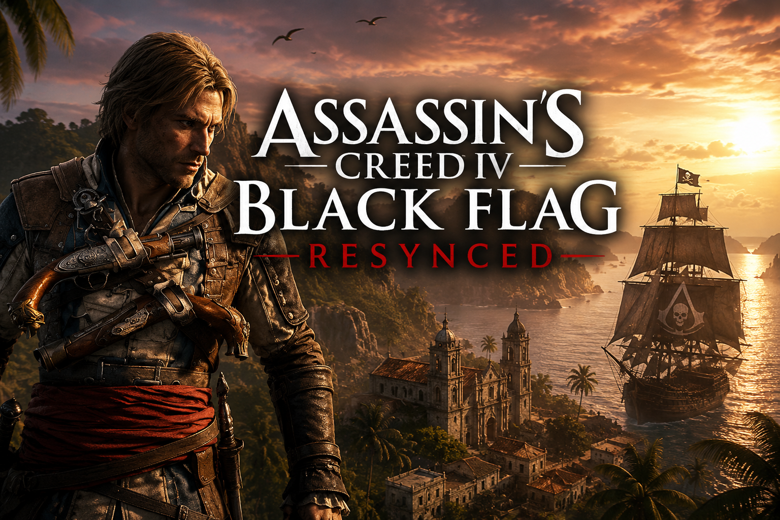 Assassin's Creed IV Black Flag Resynced promotional artwork featuring Edward Kenway, a pirate ship, and a coastal town at sunset.