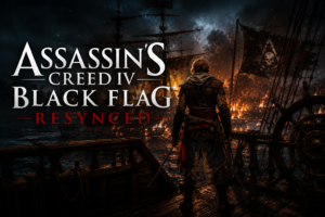 Edward Kenway on a pirate ship deck looking out at a dramatic naval battle and burning ship in Assassin's Creed IV Black Flag Resynced.