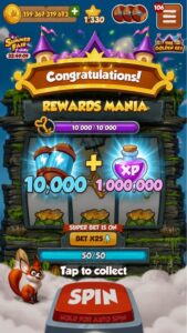 Coin Master Rewards Mania event screen showing 10,000 spins reward and 1,000,000 XP bonus.