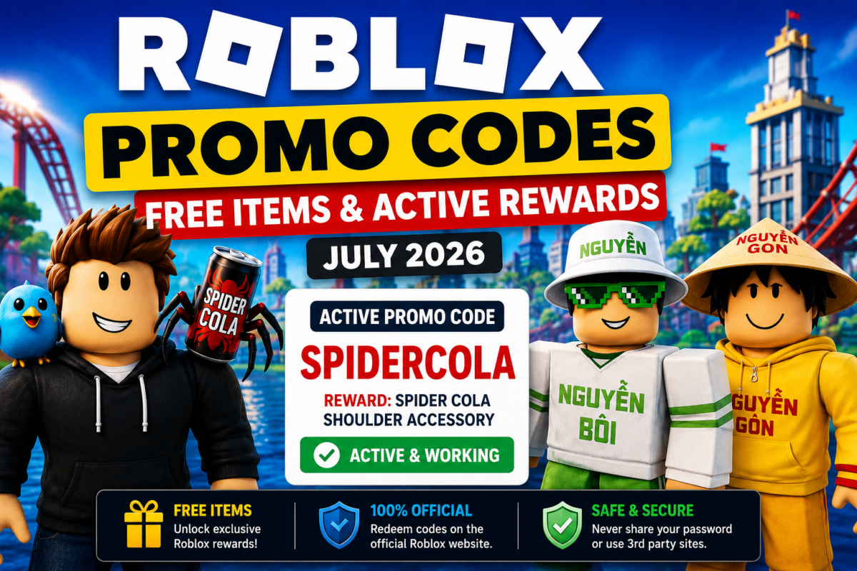 Roblox Promo Codes July 2026 feature image showing the SPIDERCOLA promo code for the free Spider Cola Shoulder Accessory and Roblox avatars.