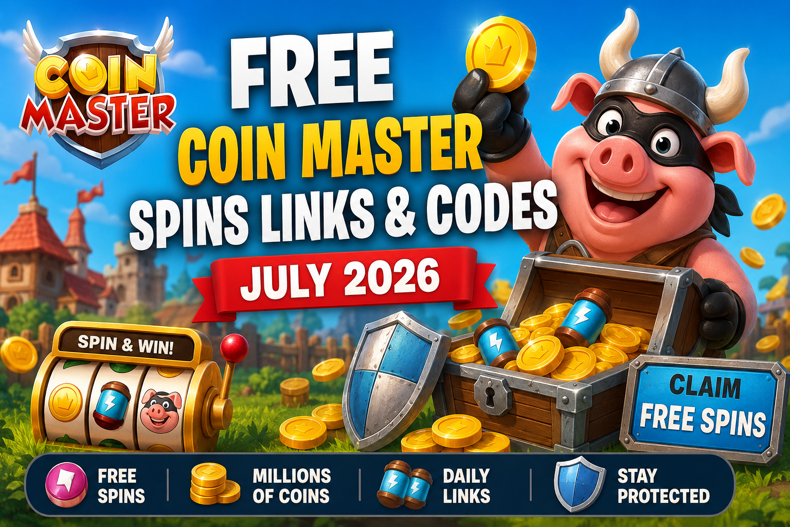 Free Coin Master Spins Links and Codes for July 2026 featuring slot machine, gold coins, shield, and daily rewards graphic.