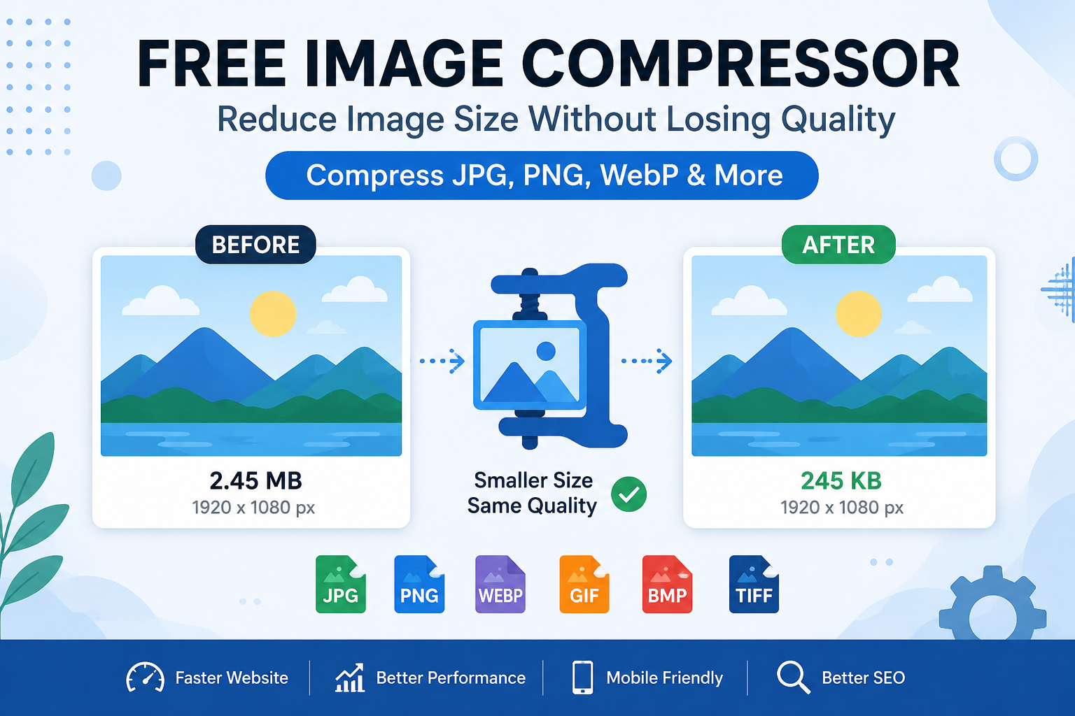 Illustration showing a free image compressor reducing JPG, PNG, and WebP image file sizes without losing quality for faster website performance and improved SEO.