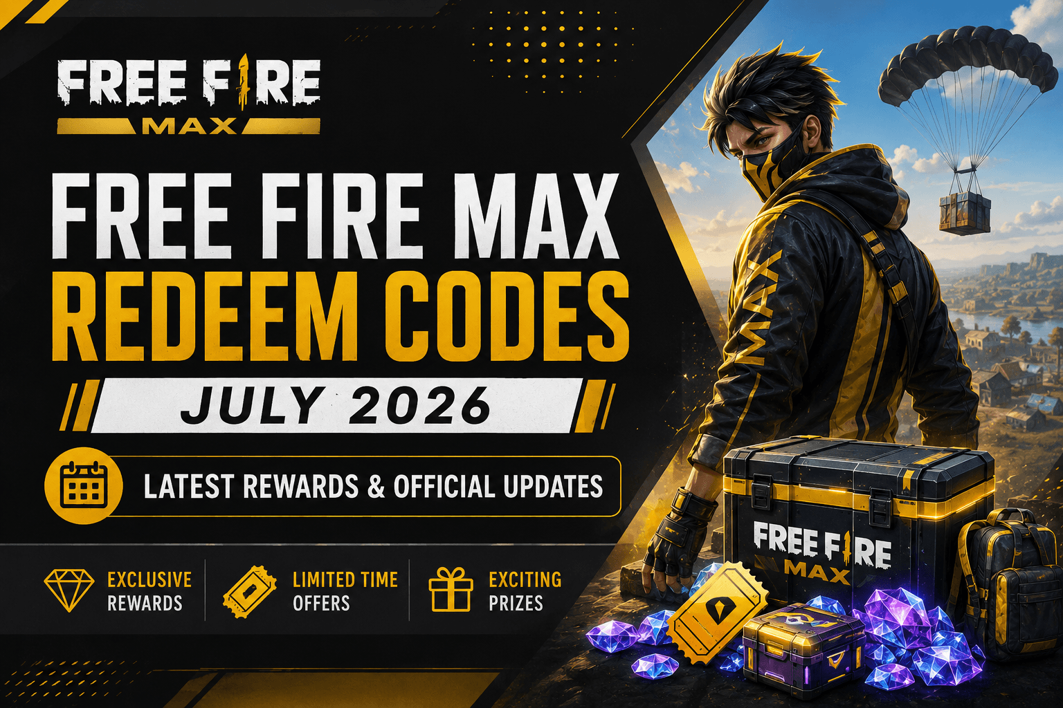 Free Fire Max redeem codes for July 2026 banner featuring character with loot crate, diamonds, and vouchers.