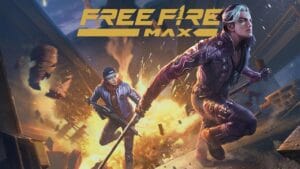 Free Fire Max characters running with a katana sword and sniper rifle amidst a fiery battlefield explosion.