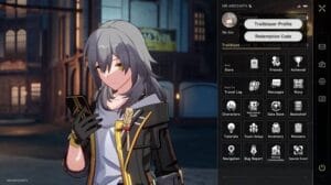 Honkai Star Rail in-game menu screen showing female Trailblazer Stelle looking at her phone next to the profile settings and redemption code options.