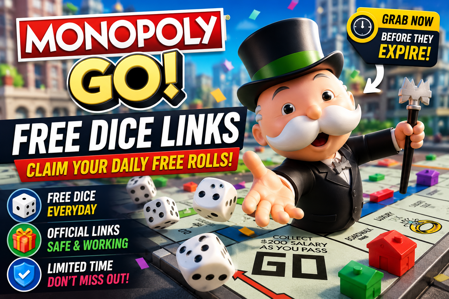 Monopoly GO free dice links featured image showing daily free dice rolls and official reward links
