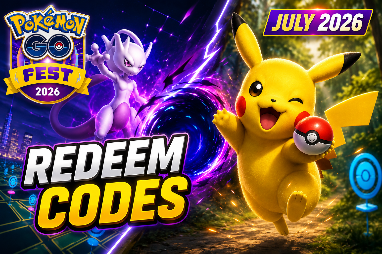 Pokémon GO Redeem Codes July 2026 featured image showing Pikachu, Mewtwo, and active promo codes for July 2026.