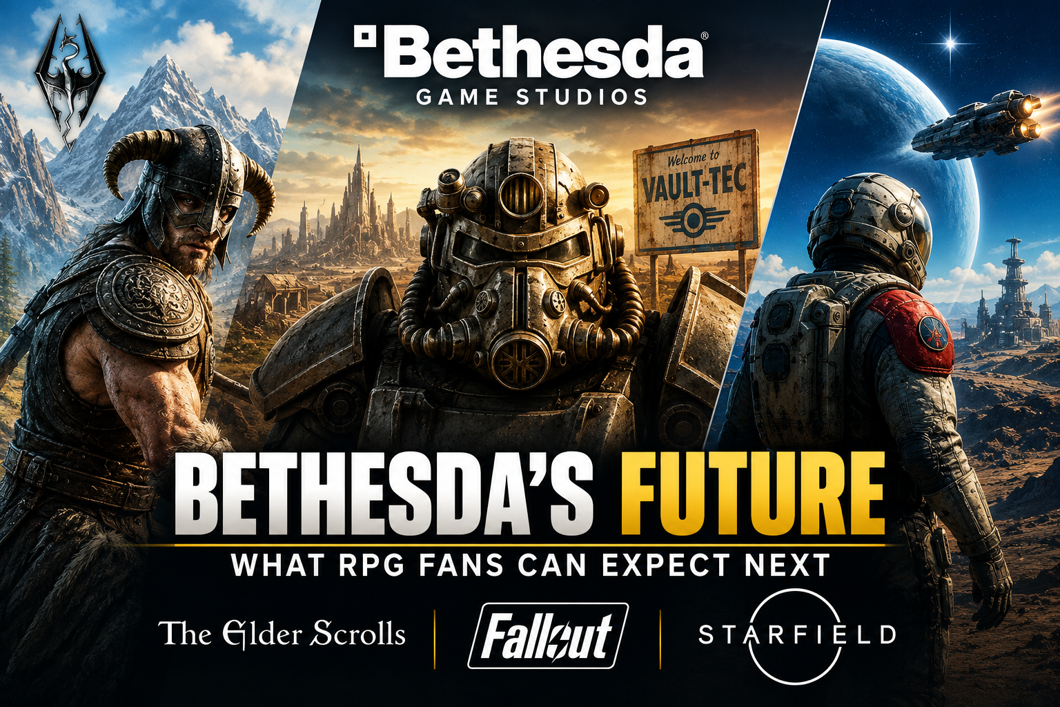 Bethesda future RPG games featuring fantasy, post-apocalyptic, and space exploration worlds inspired by The Elder Scrolls, Fallout, and Starfield.