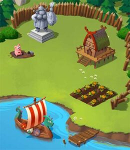 Coin Master village with Viking house, ship, crops, and buildings.