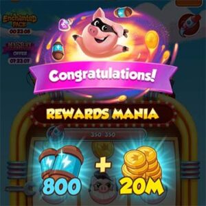Coin Master Rewards Mania showing 800 free spins and 20 million coins.