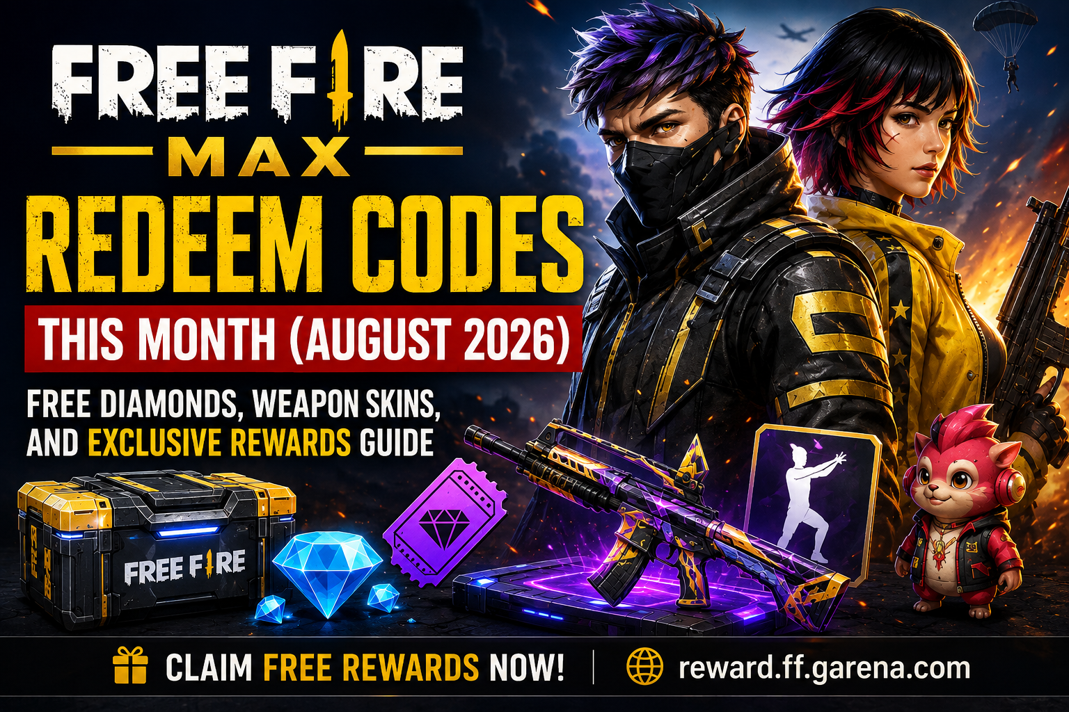 Free Fire MAX redeem codes for August 2026 featuring rewards, weapon skins, diamonds, and loot crates
