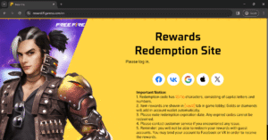 Official Garena Free Fire MAX Rewards Redemption Site login page with social login options.