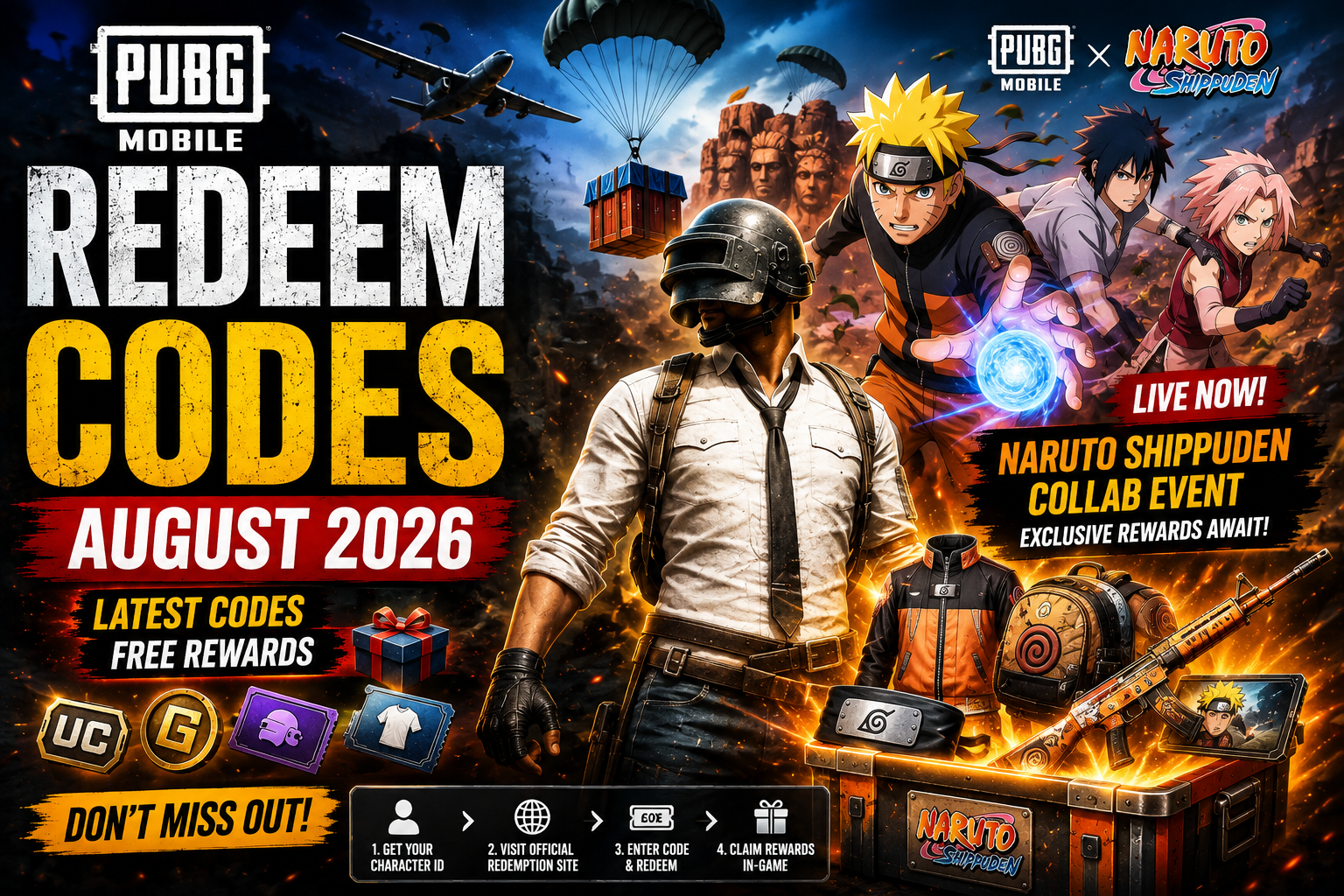PUBG Mobile redeem codes August 2026 featuring the Naruto Shippuden collaboration event