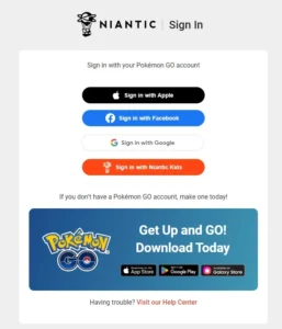 Pokémon GO account sign-in page for promo code redemption