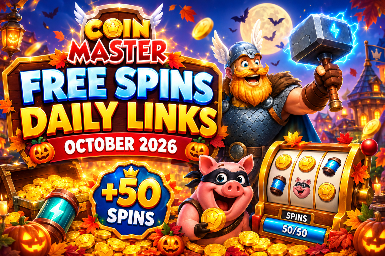 Coin Master free spins daily links for October 2026 featuring a Halloween-themed Viking, pig character, slot machine, and gold coins.