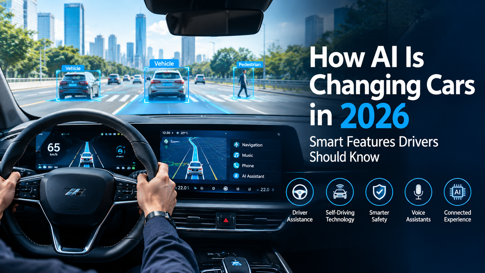 AI-powered car dashboard with driver assistance, navigation, and smart vehicle safety features.