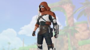 Hooded rogue character in tactical armor and face mask standing in Fortnite.