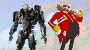 Adam Smasher from Cyberpunk and Dr. Eggman from Sonic side by side in Fortnite.
