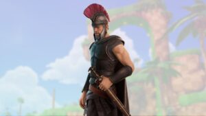 Male character wearing Greek spartan warrior armor and helmet holding a sword in Fortnite.